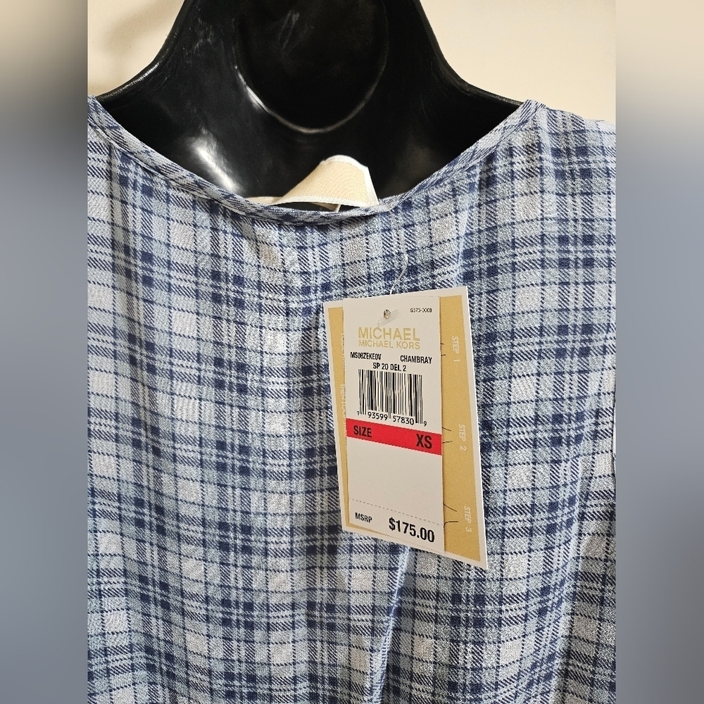 NEW Michael Kors Mixed Plaid Georgette Dress Belt Handkerchief Semi Sheer XS - Picture 6 of 12